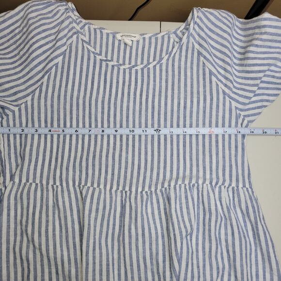 Beach Lunch Lounge Linen Dress Large Tiered Blue White Striped Puff Cottagecore - Picture 7 of 10